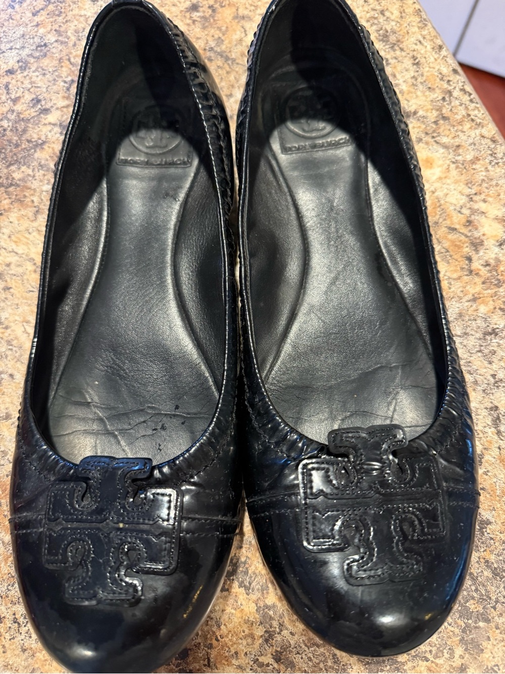 Tory Burch Black Patent Leather Logo Ballet Flats